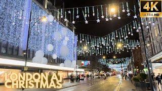  London Christmas Tour 2024  | Late Evening Walk of Oxford Street in HEAVY RAIN ️ [4K]