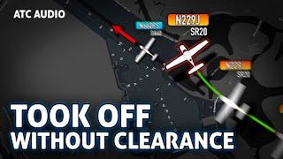 Pilot entered runway and took-off WITHOUT CLEARANCE. Real ATC Audio