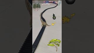 Pikachu climbs on the dinosaur and the train is approaching fast #brachiosaurus