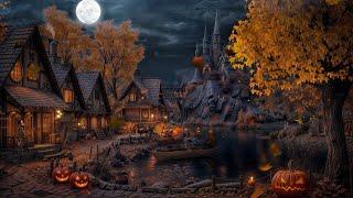 Cozy Autumn Village Halloween Ambience with Relaxing Crunchy Leaves & Thunderstorm Sounds for Sleep