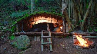 Bushcraft Shelter for SURVIVAL. Building a Secret Dugout Under a Tree. Camping Solo
