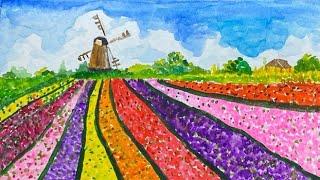 Tulip Field Landscape WATERCOLOR ART! - Time Lapse