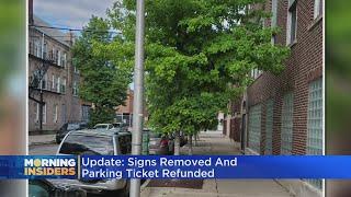 Update: Signs removed and parking ticket refunded in Bridgeport  after CBS 2 report