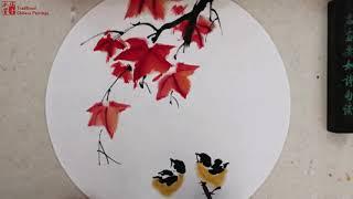 Chinese Brush Painting: maple leaf & chicks    #painting