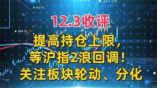 12.3收评，提高持仓上限，等沪指2浪回调！关注板块轮动、分化