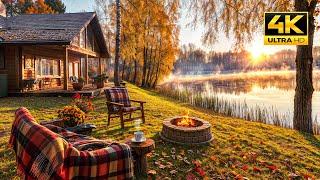 Autumn Lakeside Morning Bliss: Relaxing Nature Sounds Ambience with Fire Pit Crackles and Bird Songs