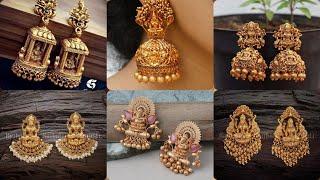 Antique South Indian jewellery| temple earrings design|Gold matte finish south Indian jewellery|