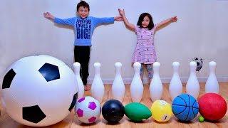 Playing and Learning Sport Ball Names with Big Bowling Pin Playset for Children
