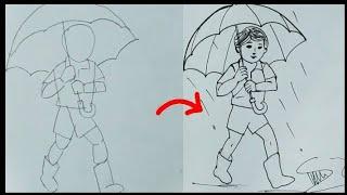 How to draw a school boy with umbrella | how to draw boy going to school