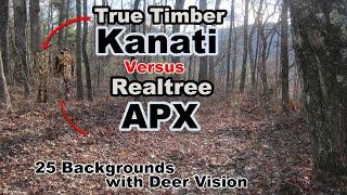 True Timber Kanati Vs Realtree APX hunting camo in Human and Deer Vision on 25 Backgrounds