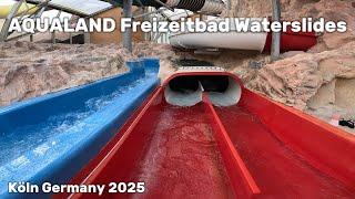 Waterslides in Water Park AQUALAND Freizeitbad Köln Germany, POV 4k videos