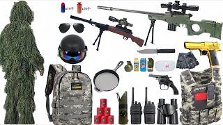 Special police weapon toy set unpacking AMW, dagger, Glock pistol, grenade, walkie talkie,