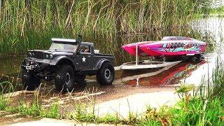 RC Boat Launch and Recovery. Jeep NuKizer 715, Traxxas DCB M41, Custom Trailer, Vaterra Ascender