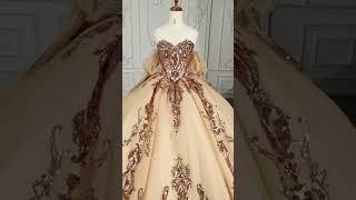 Gold detachable sleeves quinceanera dress#quinceaneradress