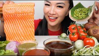 SALMON SASHIMI + FRESH VEGGIES + SEAFOOD SAUCE (ASMR EATING SOUNDS) LIGHT WHISPERS | SAS-ASMR