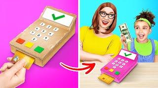 MOM MADE ME DIY CREDIT CARD MACHINE || Coolest Hacks out of Cardboard by 123GO! CHALLENGE