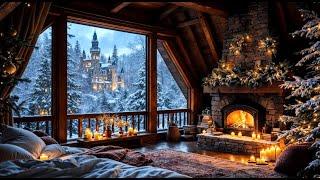 Cozy Cabin Bliss: Fireplace Crackles and Gentle Snow for Christmas Calm