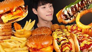 아메리칸 핫도그, 더블치즈버거, 감자튀김, 치킨윙봉, 치킨너겟 먹방 DOUBLE CHEESEBURGERS & HOT DOGS MUKBANG ASMR EATING SOUNDS