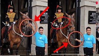 .A BOY HOLDS THE BRIDLE AND GRABS THE HORSE REINS GUARD REACTS!