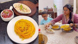 Aaj ki dawat me hai kuch khas, Malai paneer in white gravy, masala lacha paratha, colourful salad