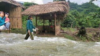 After the flood, the single mother cleaned the house, dug a drain, and made a firewood storage area.