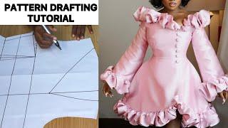 How to Draft Luxury Stylish Flared Dress Pattern with Ruffled Embroidery and Long Sleeves.