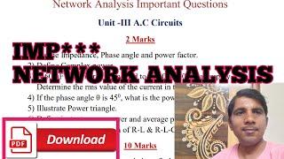 Network Analysis Important Questions | 2 marks | 10 Marks | ac circuits | Resonance