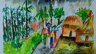 How to rainy season scenery | step by step easy watercolor painting | বর্ষাকালের দৃশ্য ড্রয়িং