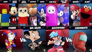 Sonic vs Rayman vs Noob | Mario vs Fall Guy | Boyfriend vs Among Us in Super Smash Bros Ultimate