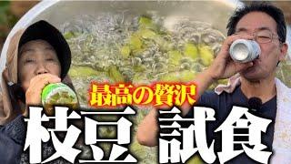 【採れたての湯でたて】今年の枝豆の試食を畑で次男としました【おつな姫】【丹波の黒豆】【次男】