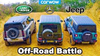 Defender v Mercedes G350 v Wrangler - Up-hill DRAG RACE & Off-road BATTLE!