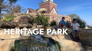 Heritage Park in Cerritos with Kids - Playground on Island with waterfall