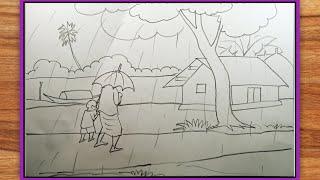 How to draw Rain season ️ village scenery  very easy drawing