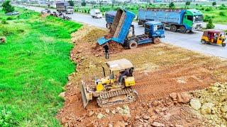 Wonderful Project Land fill up process by 5Ton Dump truck unloading Soil & Dozer Pushing soil clear