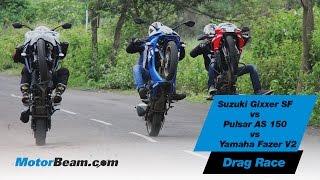 Suzuki Gixxer SF vs Pulsar AS 150 vs Yamaha Fazer V2 - Drag Race | MotorBeam