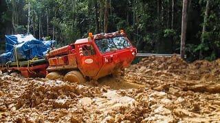 Off-Road conditions doesn't forgive mistakes! Dump Trucks and Timber Trucks transport cargo Off-Road