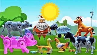 Learn farm animal names and sound with toy hen and duck lay eggs, milk cow, horse, rabbit, buffalo,