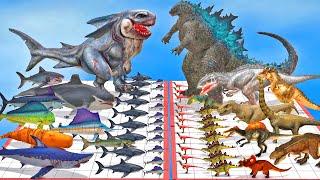 Dinosaur + Godzilla + Indominus Rex + Giganotosaurus VS Team Megalodon Rex Aqua Dinosaurs Battle