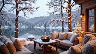 Morning Balcony by the lake Views with Smooth Piano Music & Fireplace Sounds ️ Winter Jazz Music 