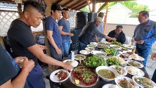 Cooking Lao food in the backyard, BBQ Grilled duck, Lao pizza, Soup -Larb duck, eating Lao food.