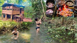 girl camping wild in the rain forest