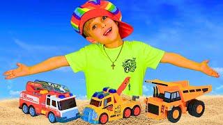 Toys For Kids & Bob The Builder with Fire Engine, Dump Truck and other Toys Pretend Play on the Sand