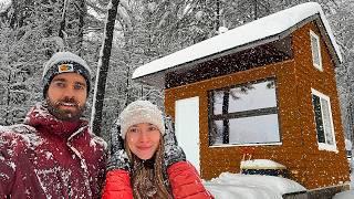 Winter camping in a Tiny Off Grid Cabin in a Snowstorm | 20+ Inches of Snow!