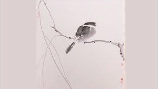 中國寫意畫：寒枝靜雀圖 _ 國畫 _手繪  Chinese Ink Painting