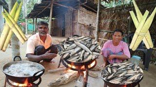 Small Fish And cooked with Wild Banana Flower And Wild Taro Leaf | Small Fish Curry | Village Life