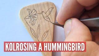 Kolrosing a Hummingbird. Decorating a Mini Coffee Scoop. Traditional Woodworking. Old Craft.