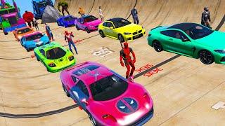 Old school cars onegamesplus on Ramp Red Hulk Spiderman Deadpool car Superheroes vs GTA 5 characters