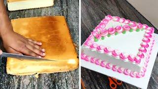 Square Pink Colours Butter Cream Cake | Stand Flower Cake Design