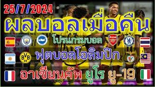 ผลบอลเมื่อคืน-โปรแกรมบอลคืนนี้/ฟุตบอลโอลิมปิก2024ชาย/อาเซียนคัพ/ยูโ ยู19/กระชับมิตรสโมสร/25/7/2024