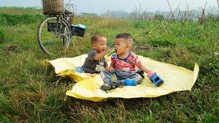 single mom - picking cucumbers to sell at the market / buying bicycle cushions for two children